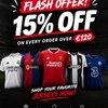 Get 15% OFF every order over €120 — shop your favorite jerseys now! ⚽👕
